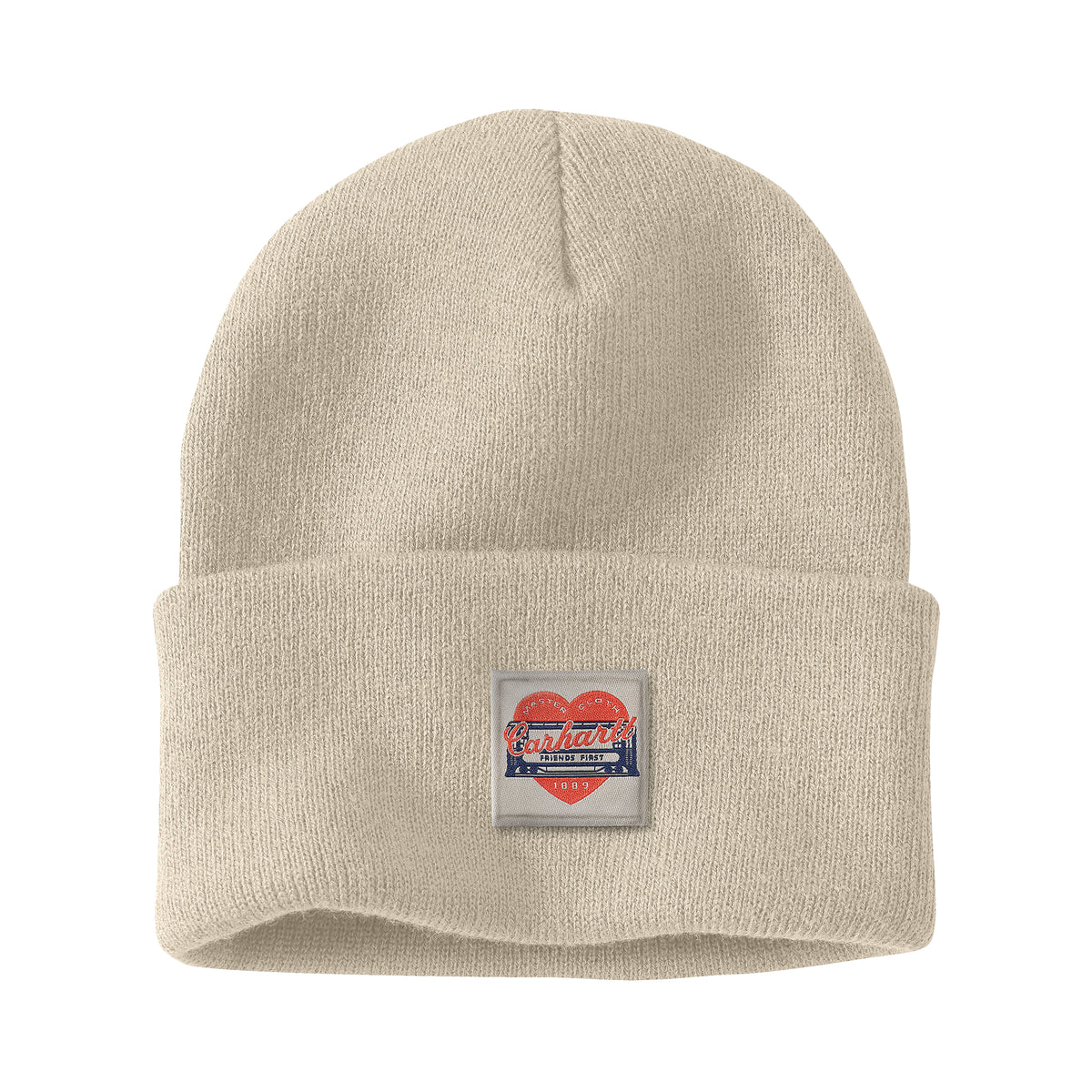 Kuvassa on luonnonvalkoinen pipo jossa on edessä Carhartt Heart Patch -logomerkki.