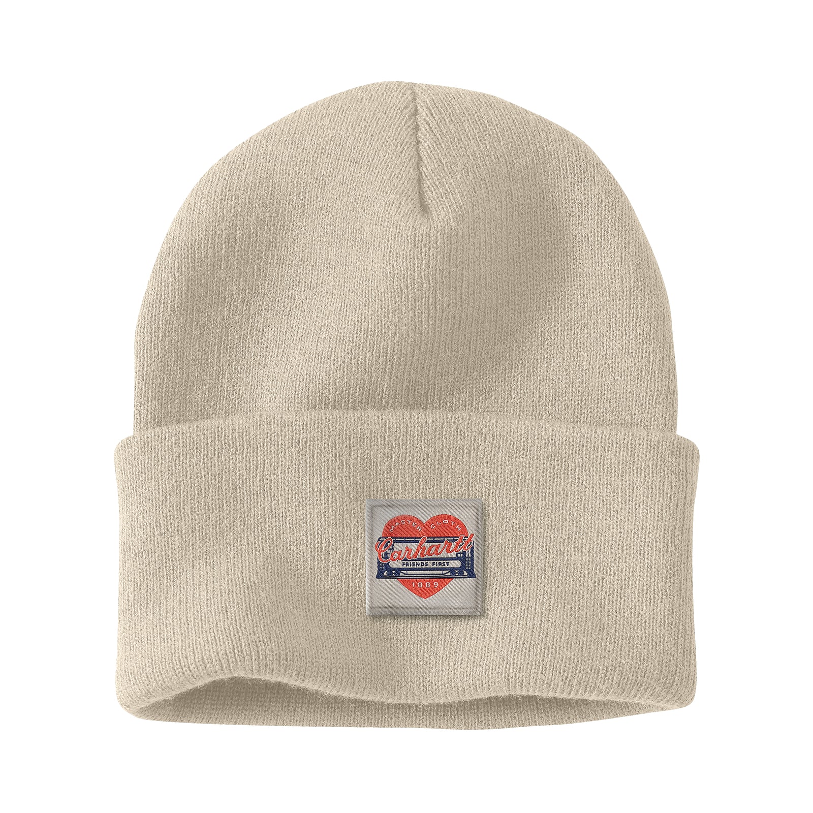 Kuvassa on luonnonvalkoinen pipo jossa on edessä Carhartt Heart Patch -logomerkki.