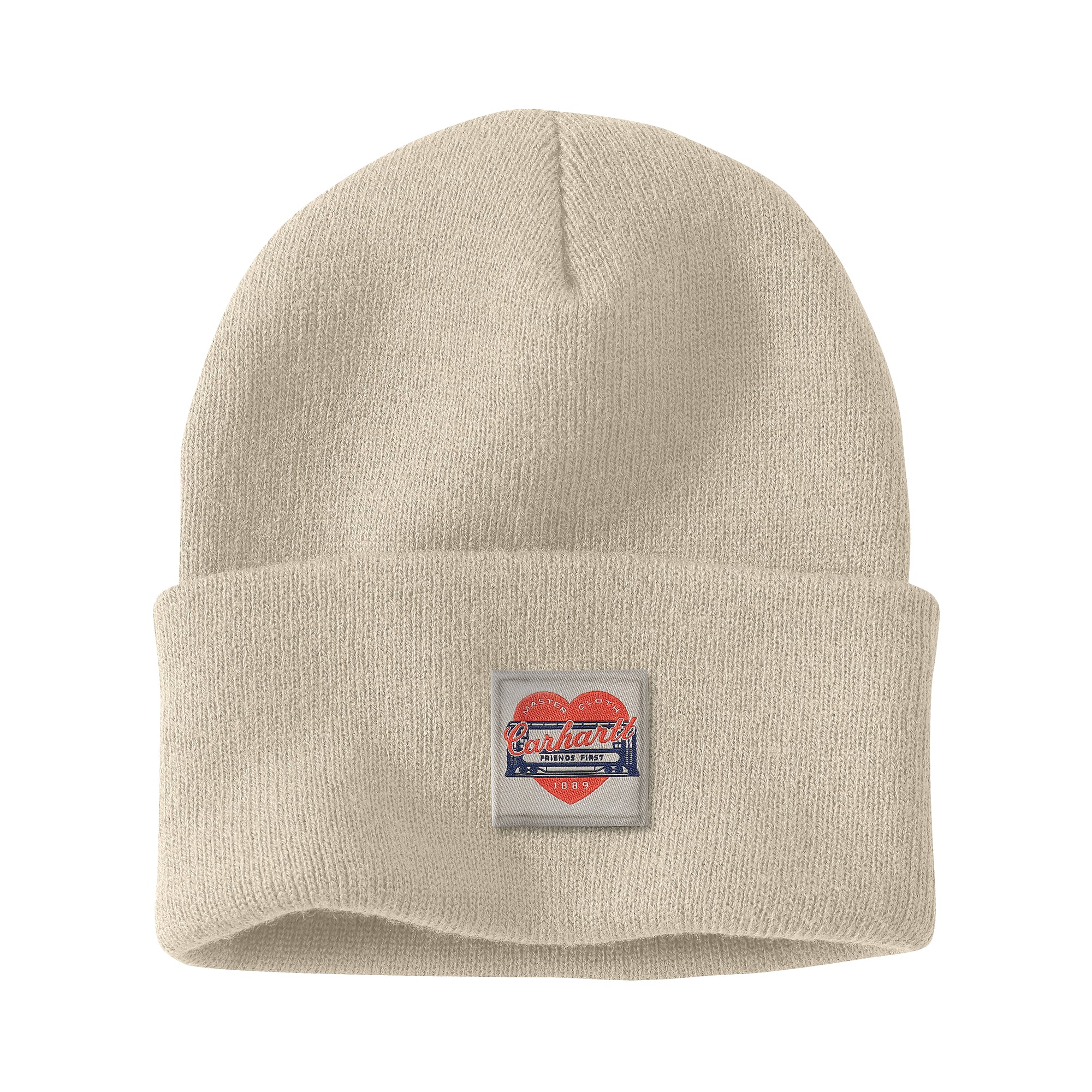 Kuvassa on luonnonvalkoinen pipo jossa on edessä Carhartt Heart Patch -logomerkki.