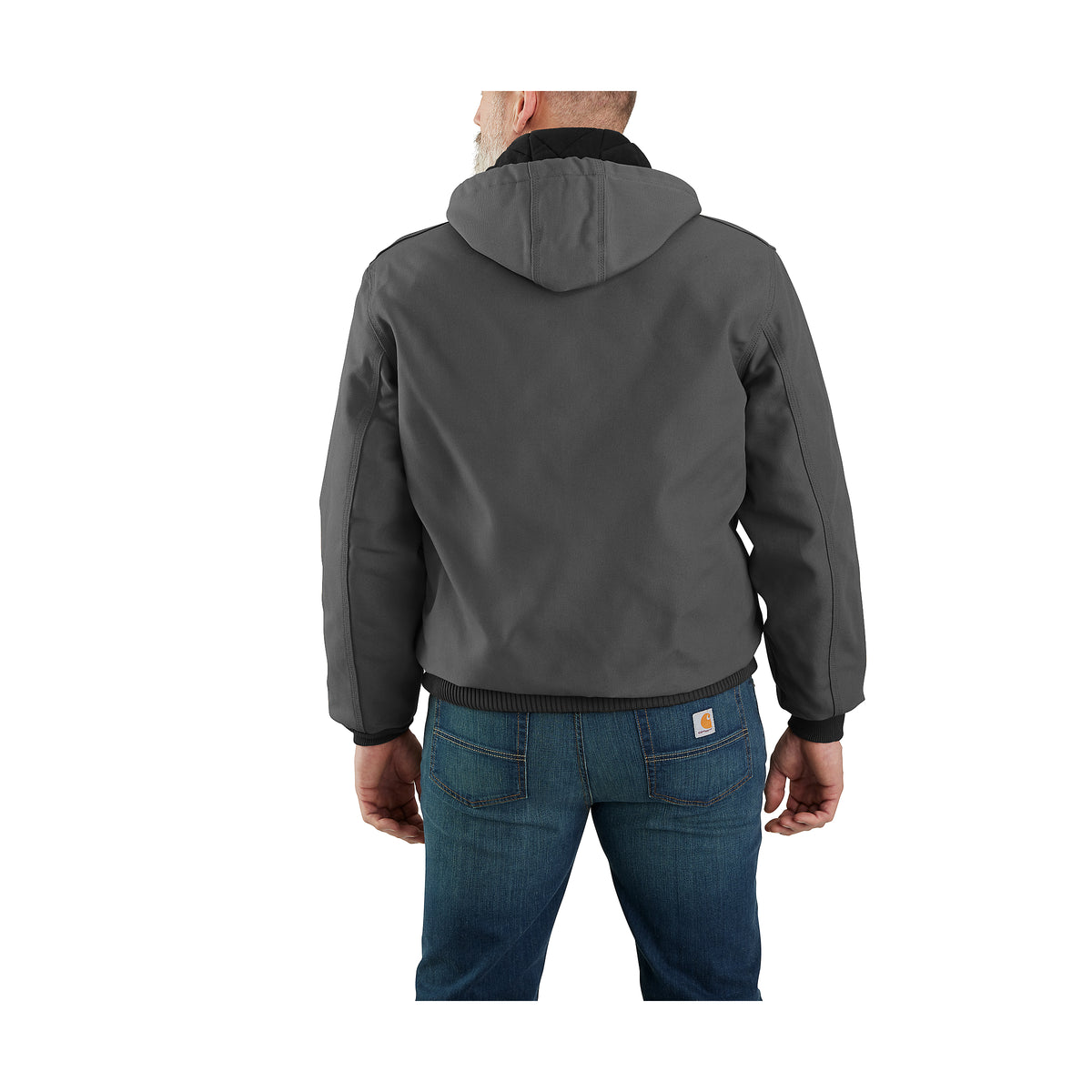 Takaapäin kuvattuna Carhartt Icon J140 Active Jacket takki jossa on huppu ja resorit hihoissa sekä helmassa. 