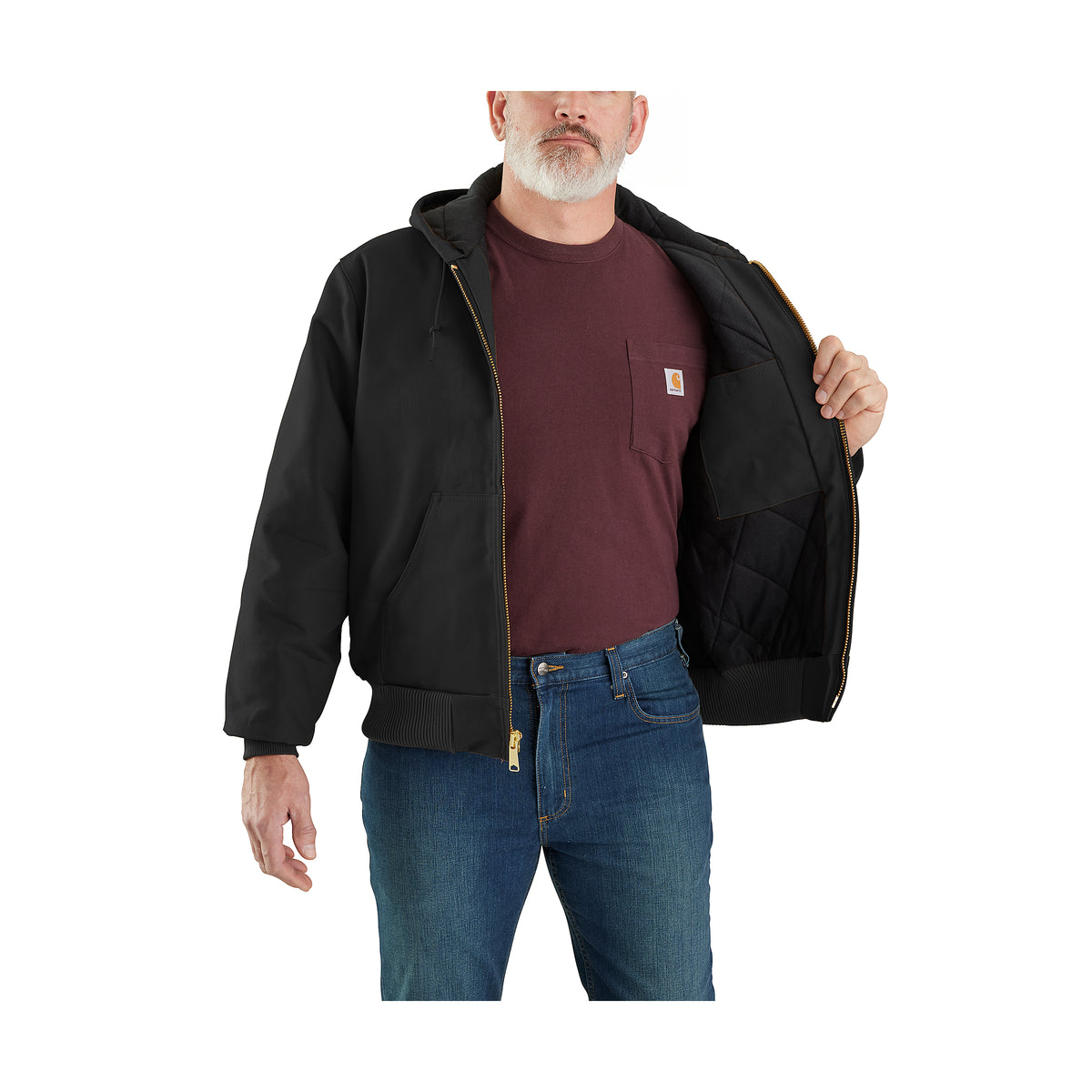 Kuvassa mies pitää päällä Carhartt Icon J140 Active Jacket takkia jossa on sisällä lämmin vuori. 