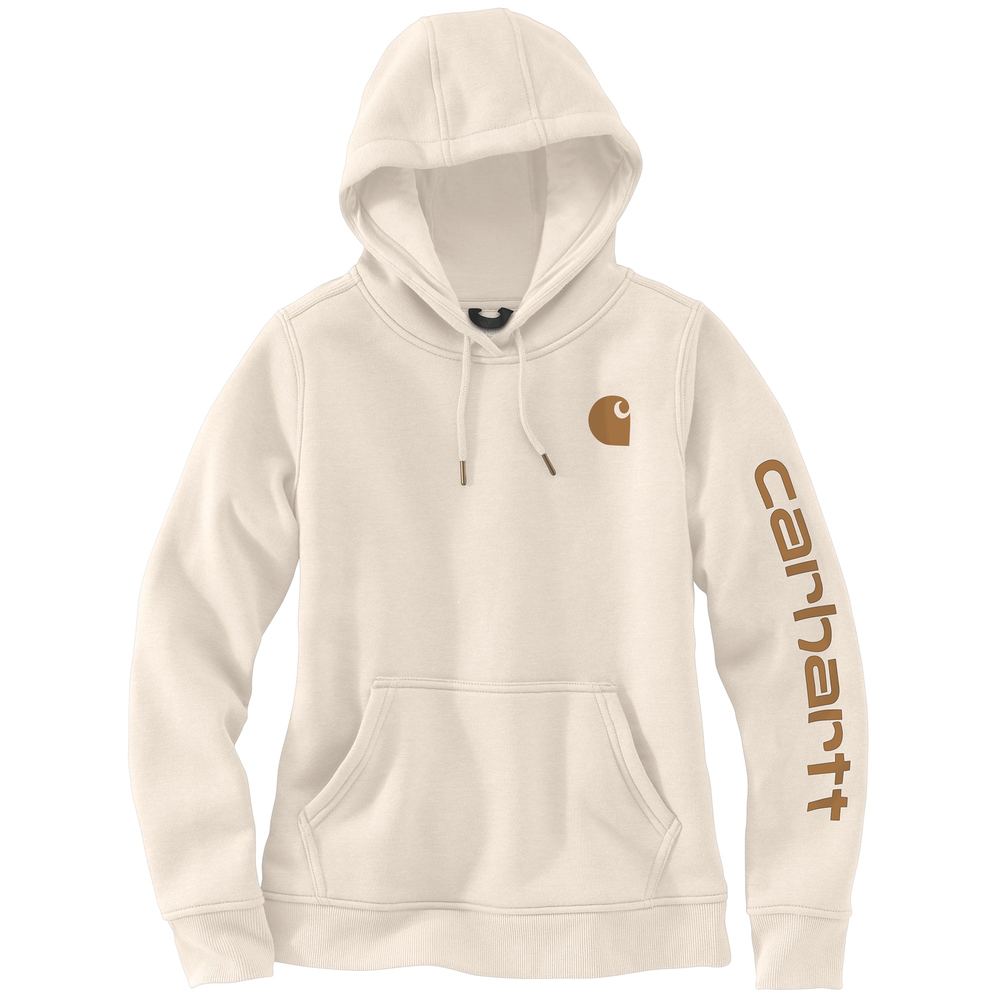 Kuvassa on valkoinen Carhartt Iconic Clarksburg naisten huppari. Hupparissa on hupussa kiristystä varten nauha.