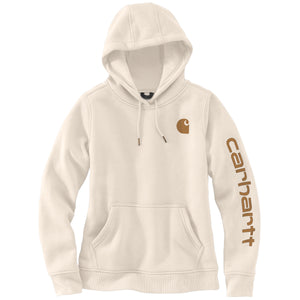 Kuvassa on valkoinen Carhartt Iconic Clarksburg naisten huppari. Hupparissa on hupussa kiristystä varten nauha.