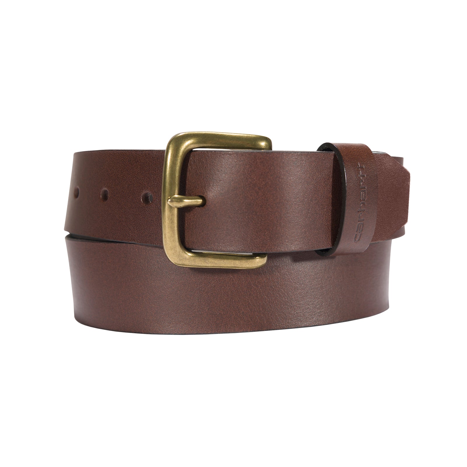 Kuvassa on ruskea Carhartt Journeyman miesten nahkavyö jossa messinginvärinen metallisolki.