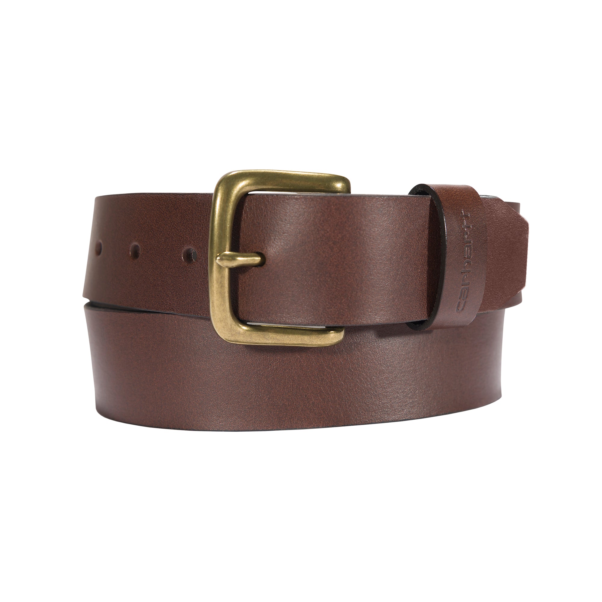 Kuvassa on ruskea Carhartt Journeyman miesten nahkavyö jossa messinginvärinen metallisolki.