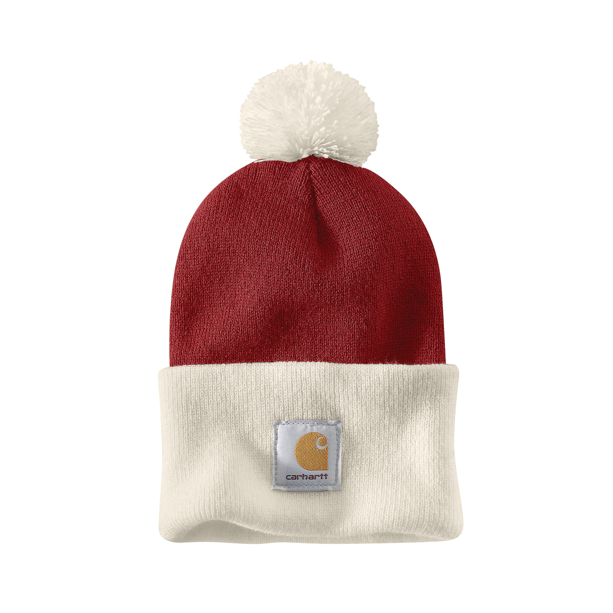 Kuvassa on punavalkoinen, tupsullinen Carhartt Lookout Hat -pipo.