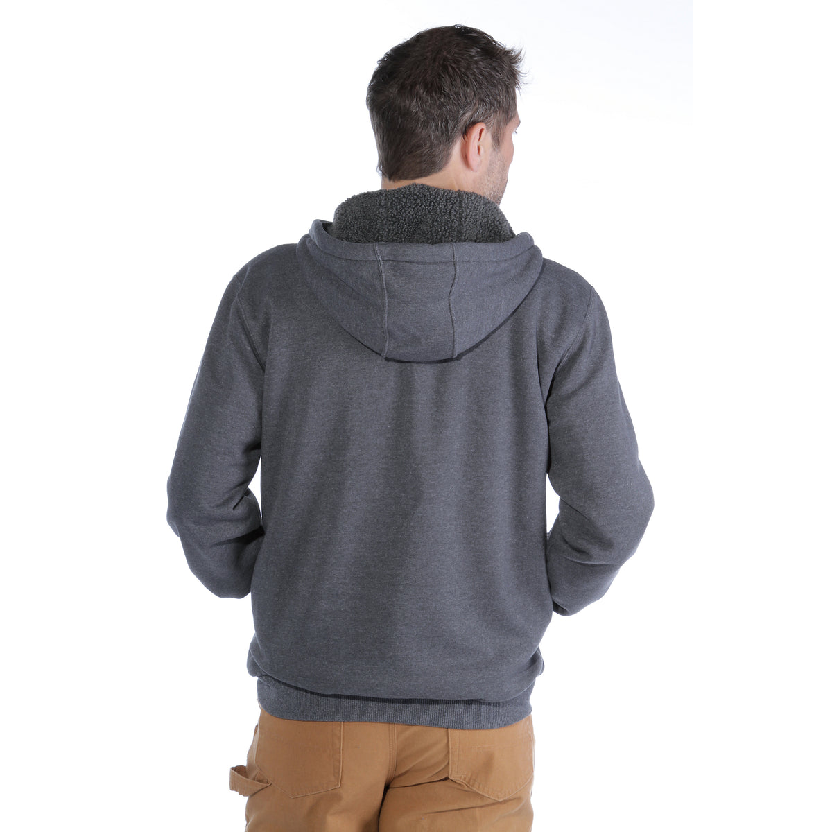 Takaapäin kuvattuna Carhartt Midweight Lined Sweatshirt huppari jossa on huppu. 