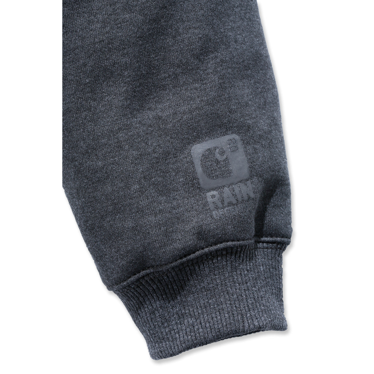 Lähikuvassa harmaan Carhartt Midweight Lined Sweatshirt hiha jossa on resori.