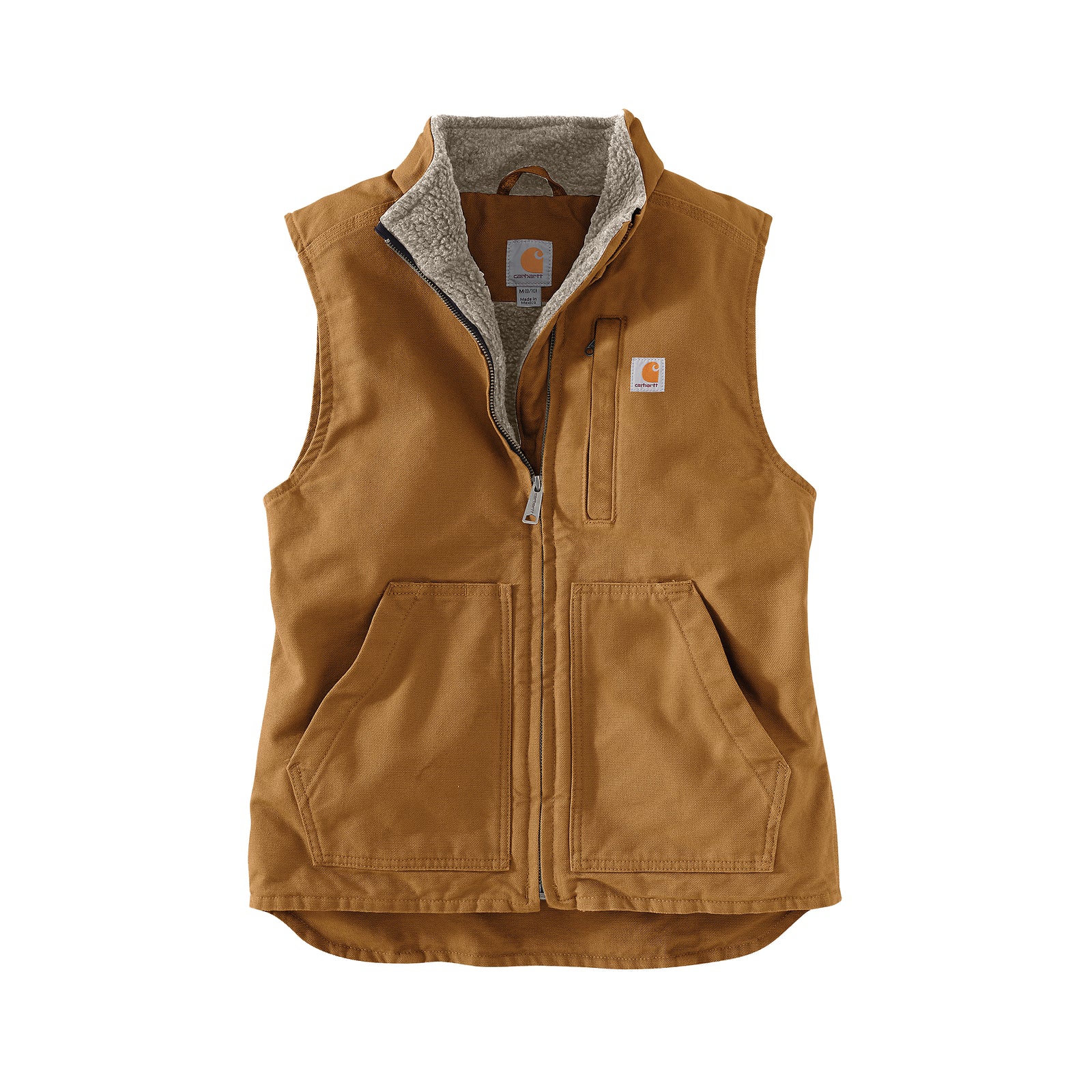 Kuvassa on Carhartt Brown -värinen naisten canvasliivi jossa on lämmin karvavuori.