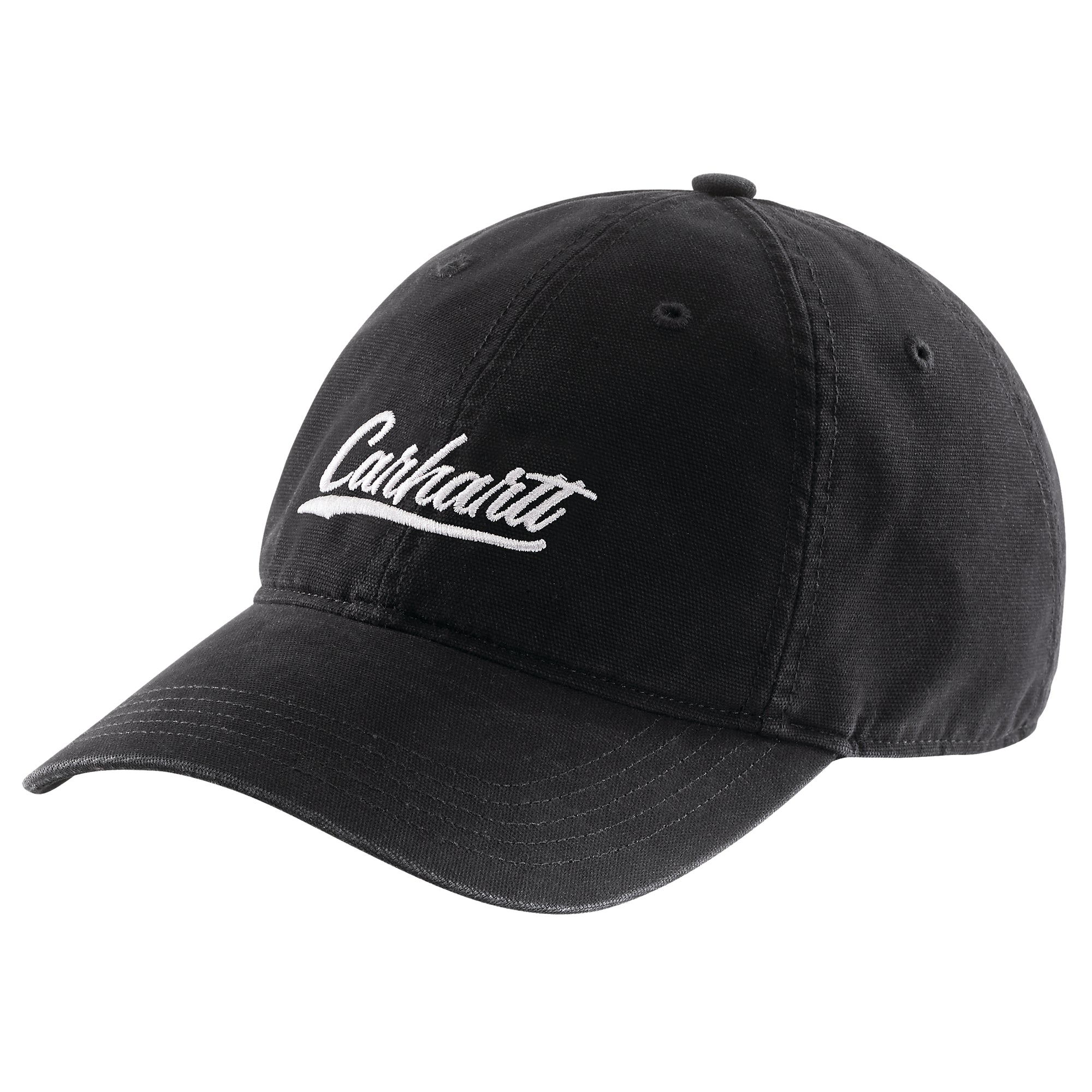 Kuvassa on musta Carhartt Script Graphic Cap -lippalakki jonka etuosassa on valkoinen Carhartt -brodeeraus.