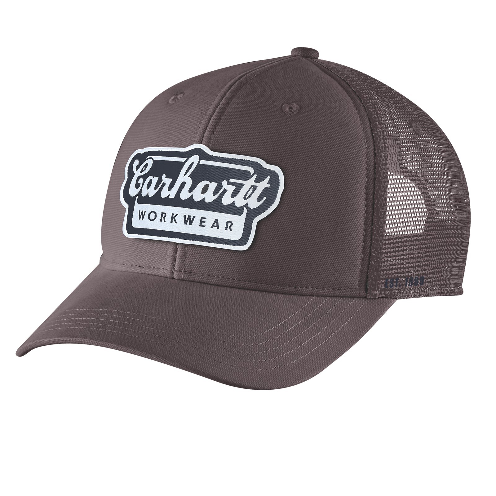 Kuvassa Carhartt Script Patch Cap värissä seepia. Lippiksen etuosassa on Carhartt Workwear logo.