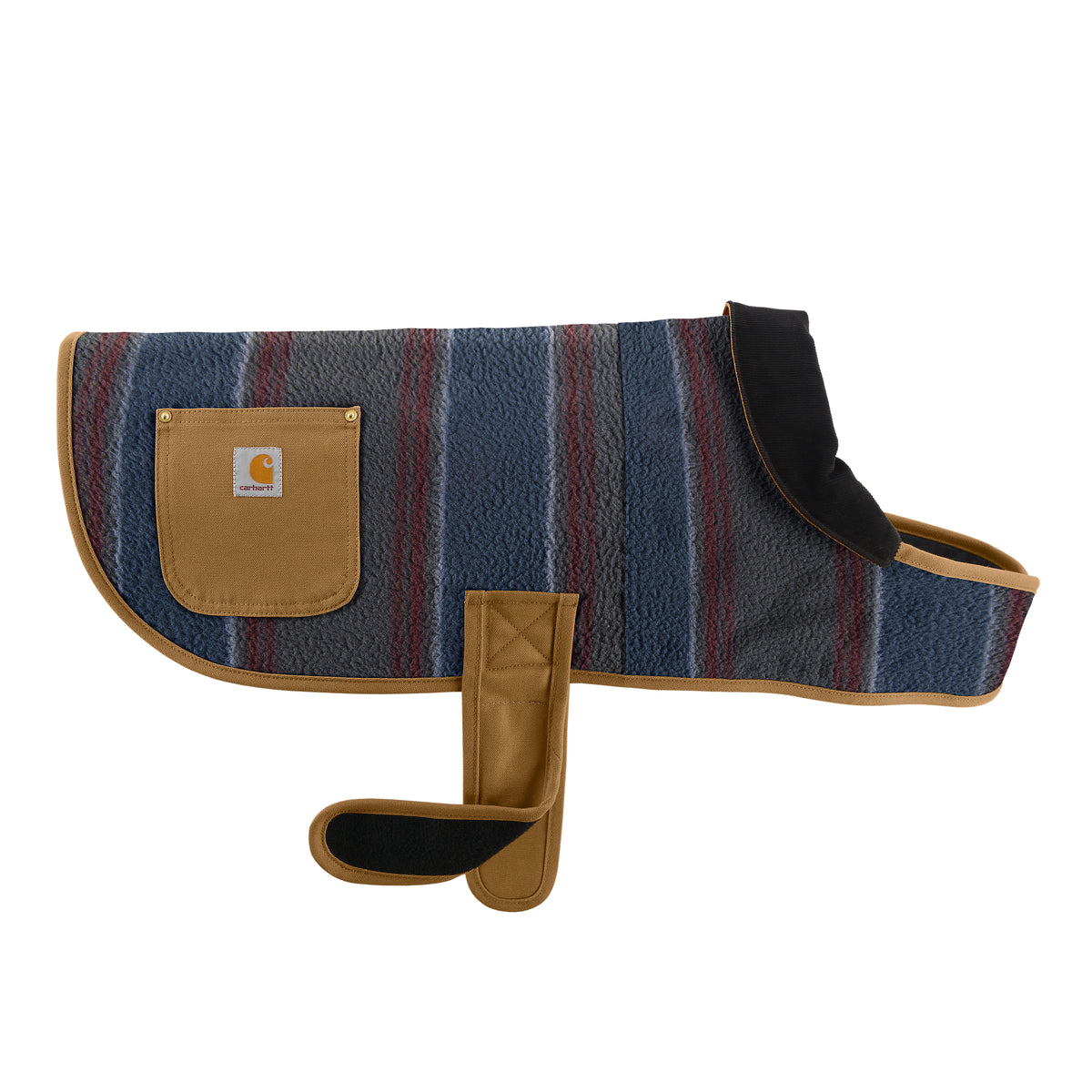 Kuvassa on Carhartt koiran takki jossa Carharttin takkien sisävuorien kuviointia jäljettelevä fleecepinta ja sen alla lämmittävä tikkikangas.