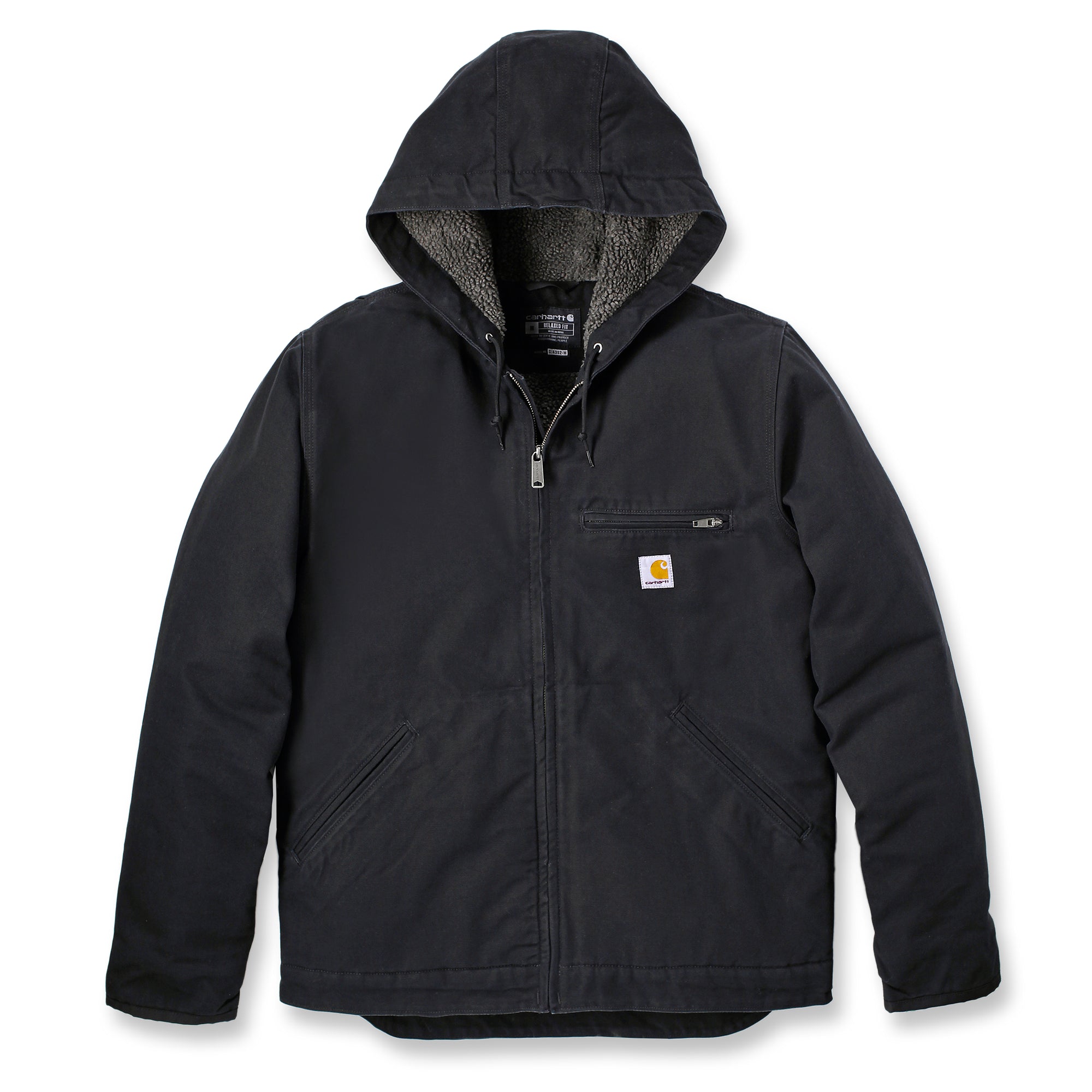 Kuvan mustassa Carhartt Sierra -takissa on lämmin tikkivuori ja hupun sisäpuolella pörröinen sherpakangas,