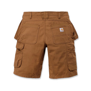 Kuvassa Carhartt Steel Multipocket shortsit takaapäin kuvattuna, shorteissa on takana taskut ja Carhartt logo. 