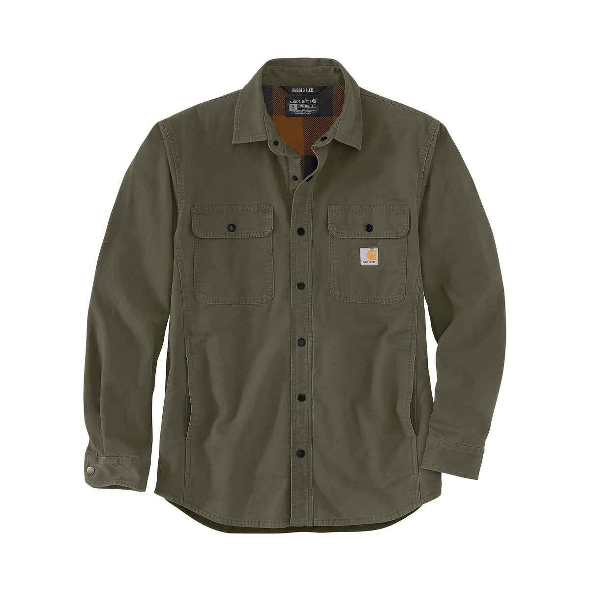 Kuvassa on Carharttin oliivinvihreä paitatakki jossa on lämmin musta-ruskearuudullinen fleecevuori.