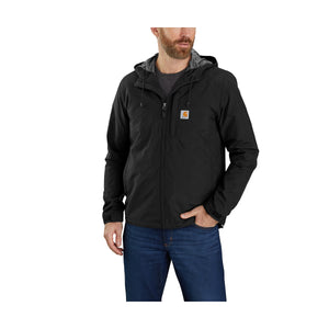 Kuvassa miehen päällä musta vettähylkivä Carhartt Rockford Jacket.