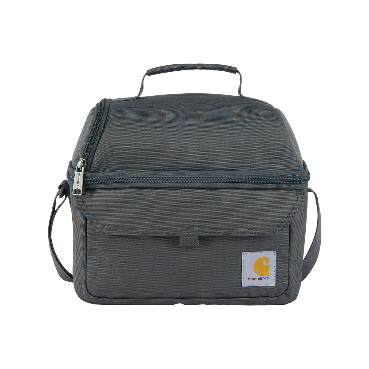 Kuvassa Carhartt termoskassi joka on harmaa. Kassissa on pieni Carhartt logo.