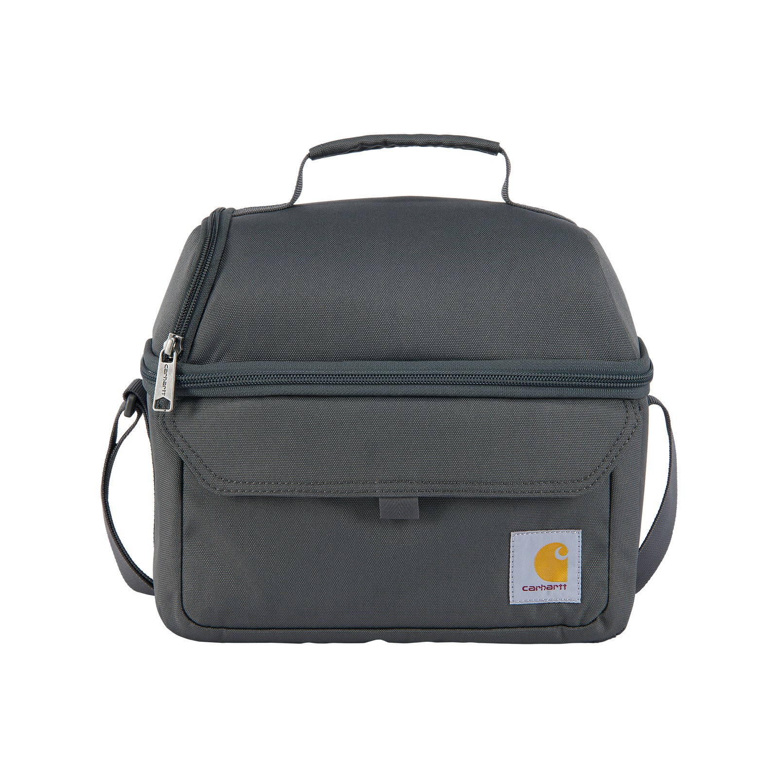 Kuvassa Carhartt termoskassi joka on harmaa. Kassissa on pieni Carhartt logo.