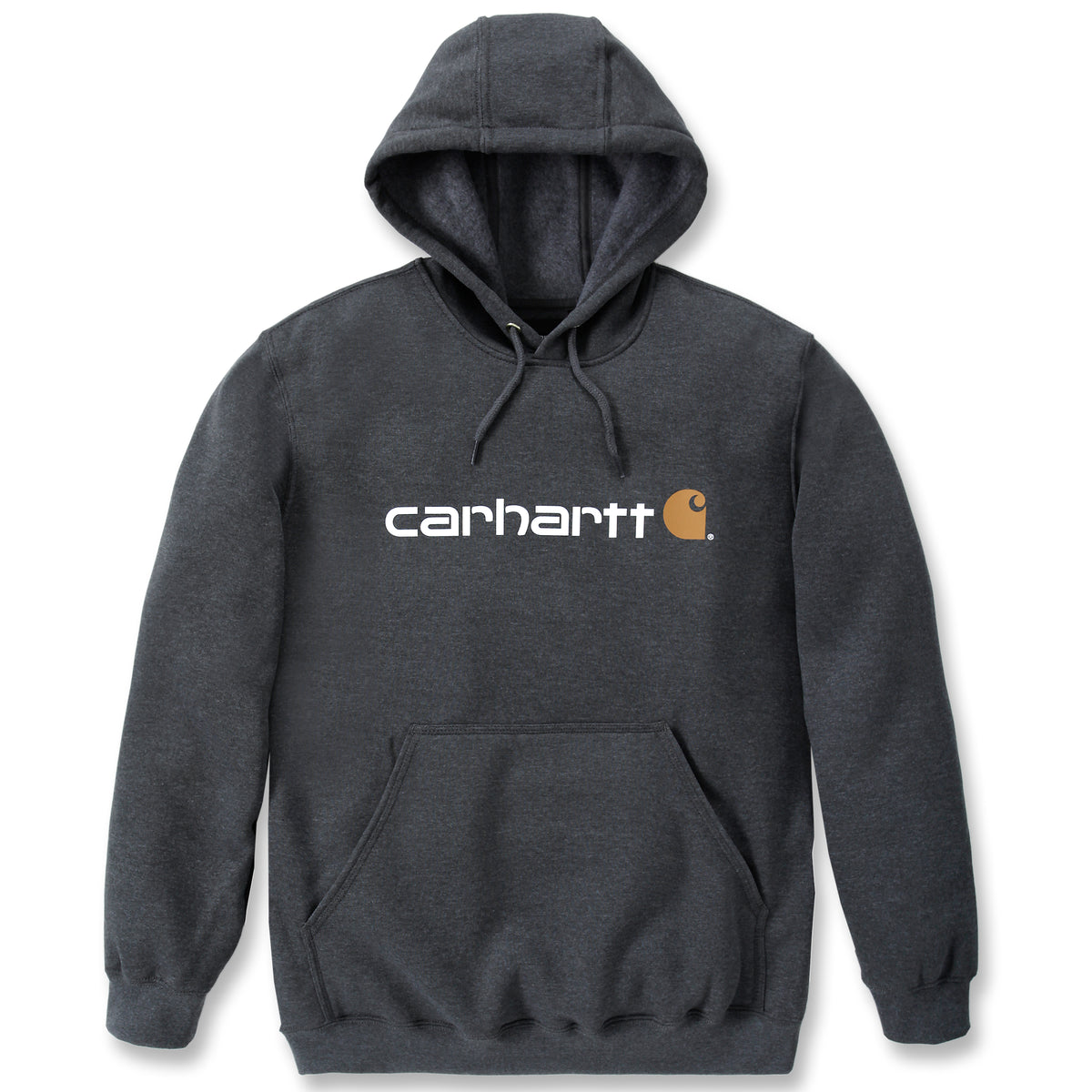 Hupparin rintaan on painettu valkoisella teksti Carhartt ja oranssinruskea Carhartt -logo. 