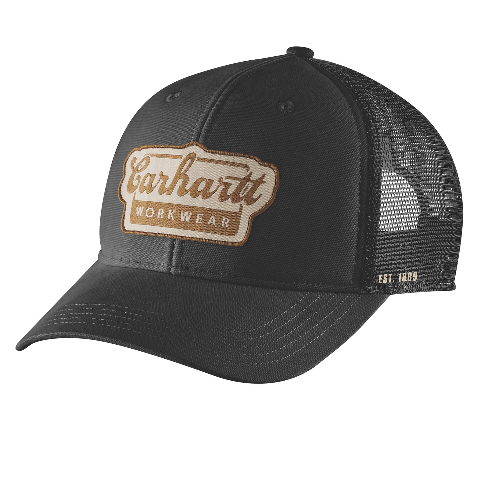 Kuvassa on Carhartt Script Patch Cap trucker -mallinen lippis jossa on verkkomainen takaosa ja edessä näyttävä Carhartt Workwear -brodeeraus.
