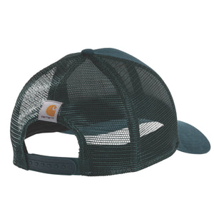 Sinivihreä Carharttin trucker cap verkkovuorella takaapäin kuvattuna.