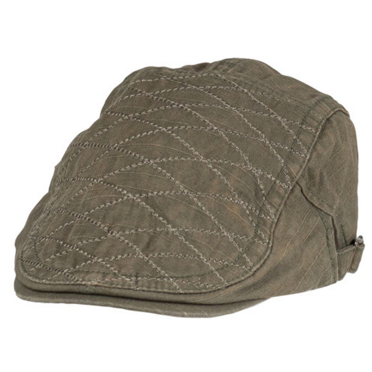 Kuvassa olevan oliivinvärisen Flat cap Dakarin kokoa pystyy säätämään sivuilla olevien remmien avulla.