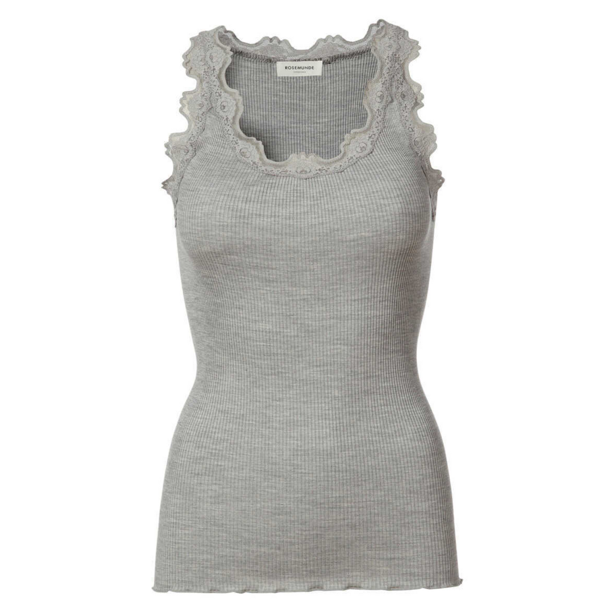 Kuvassa harmaa Rosemunde Babette naisten pitsitoppi. Topissa on kaunis koristelu helmassa ja kaula-aukossa. 