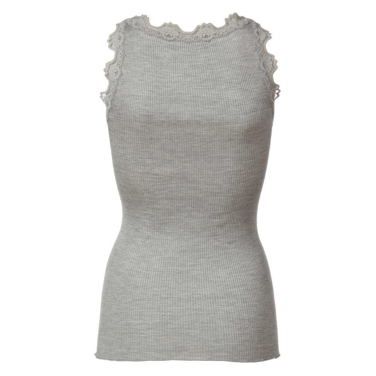 Kuvassa takaapäin kuvattuna Rosemunde Babette pitsitoppi. Toppi on väriltään harmaa.