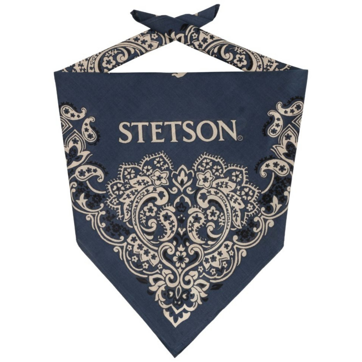 Kuvassa on Stetson bandana-huivi jossa on sininen pohjaväri ja beigen värinen Paisley -kuvio sekä Stetson -logo.