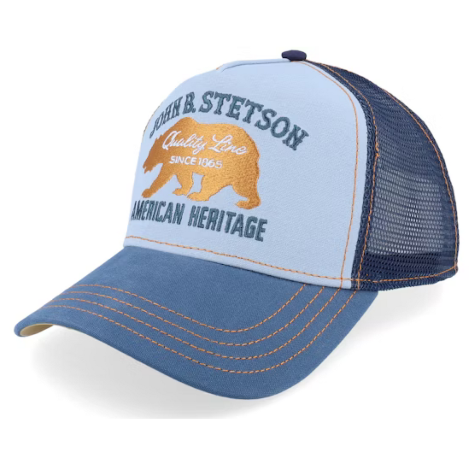 Sin valk orans

Kuvassa on Stetson Trucker Cap Bear lippis. Lippiksen värit ovat sininen ja kulta. LIppiksen etuosassa on John B. Stetson teksti ja sen alapuolella kuva karhusta joka on kultainen. Edessä lukee myös American Heritage teksti. Lippiksen takaosa on  verkkomateriaalia. 