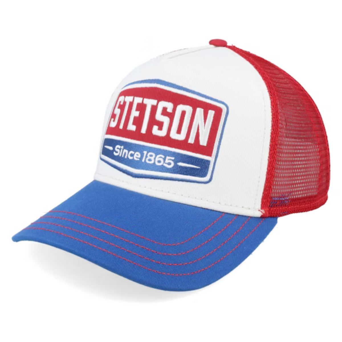 Kuvassa Stetson Trucker Cap Gasoline jossa on Stetson logo edessä. Lippiksen värinä ovat sininen, valkoinen ja punainen.