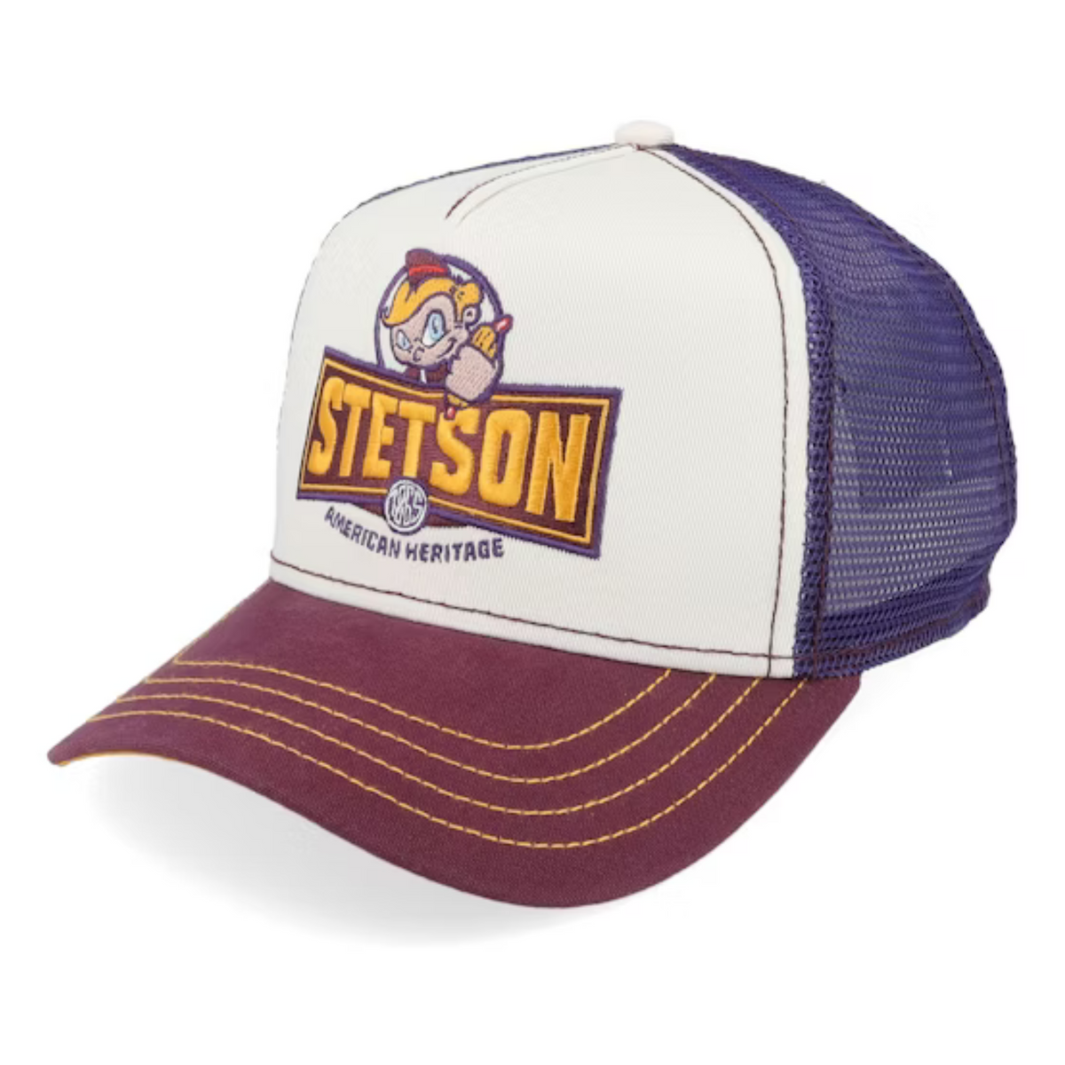Kuvassa Stetson Trucker Cap Hotdog lippis. Lippiksessä on edessä Stetson teksti ja pieni kuva, jossa poika pitää kädessä hodaria. Värejä lippiksessä on valkoinen, viininpunainen ja lila.