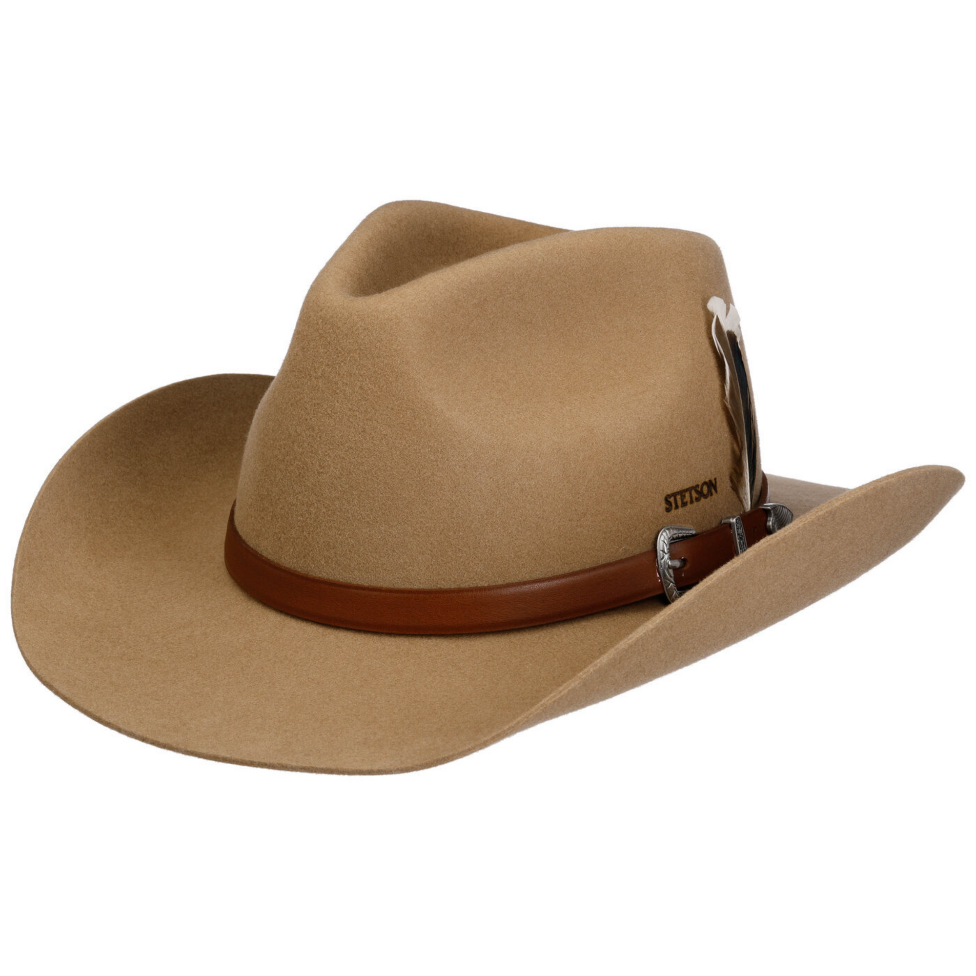 Kuvassa on Stetson Western Woolfelt Light Almond, joka on 100% australialaisesta lampaanvillasta valmistettu western-tyylinen hattu.