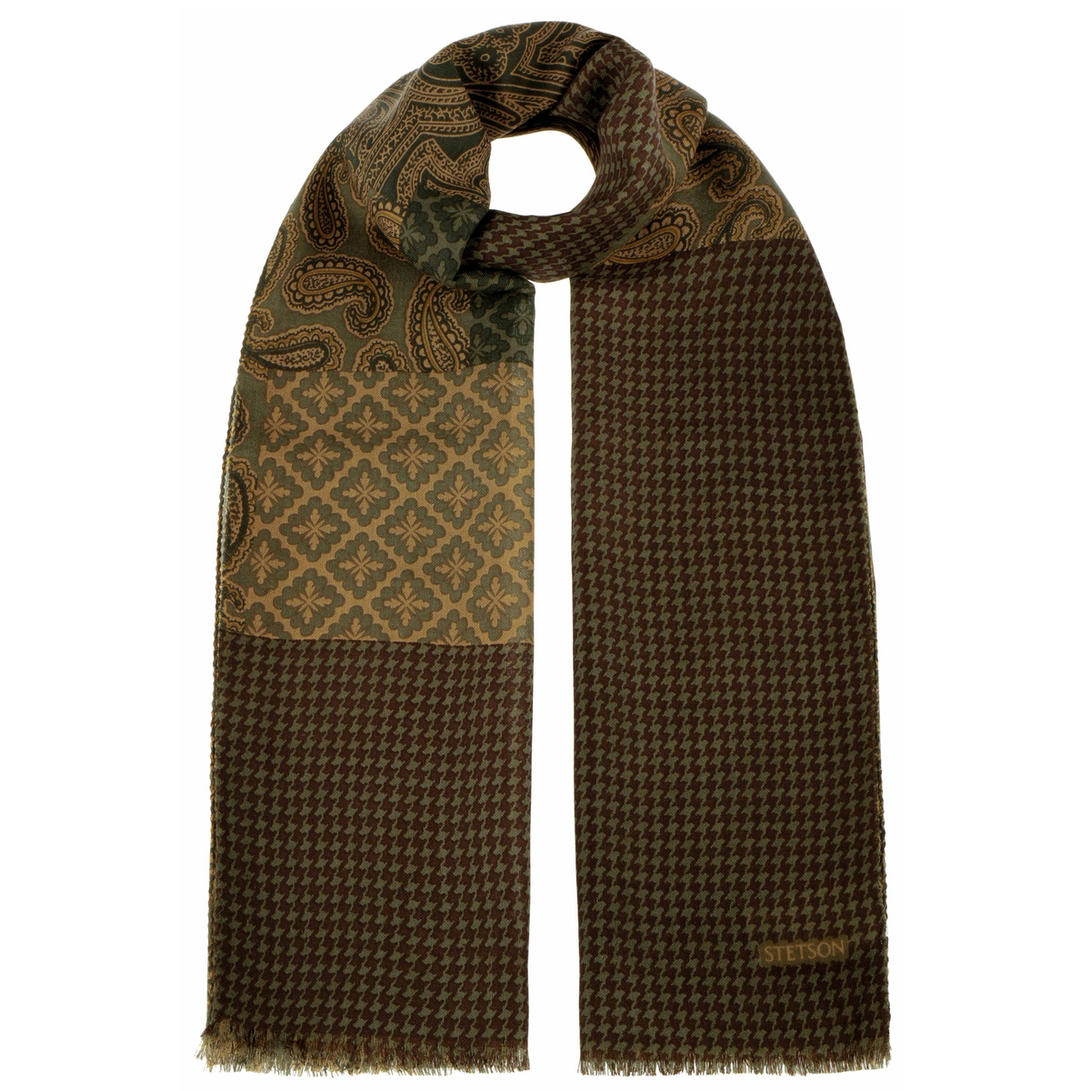 Kuvassa Stetsonin suorakaiteen mallinen villahuivi ruskean ja oliivin sävyissä.
