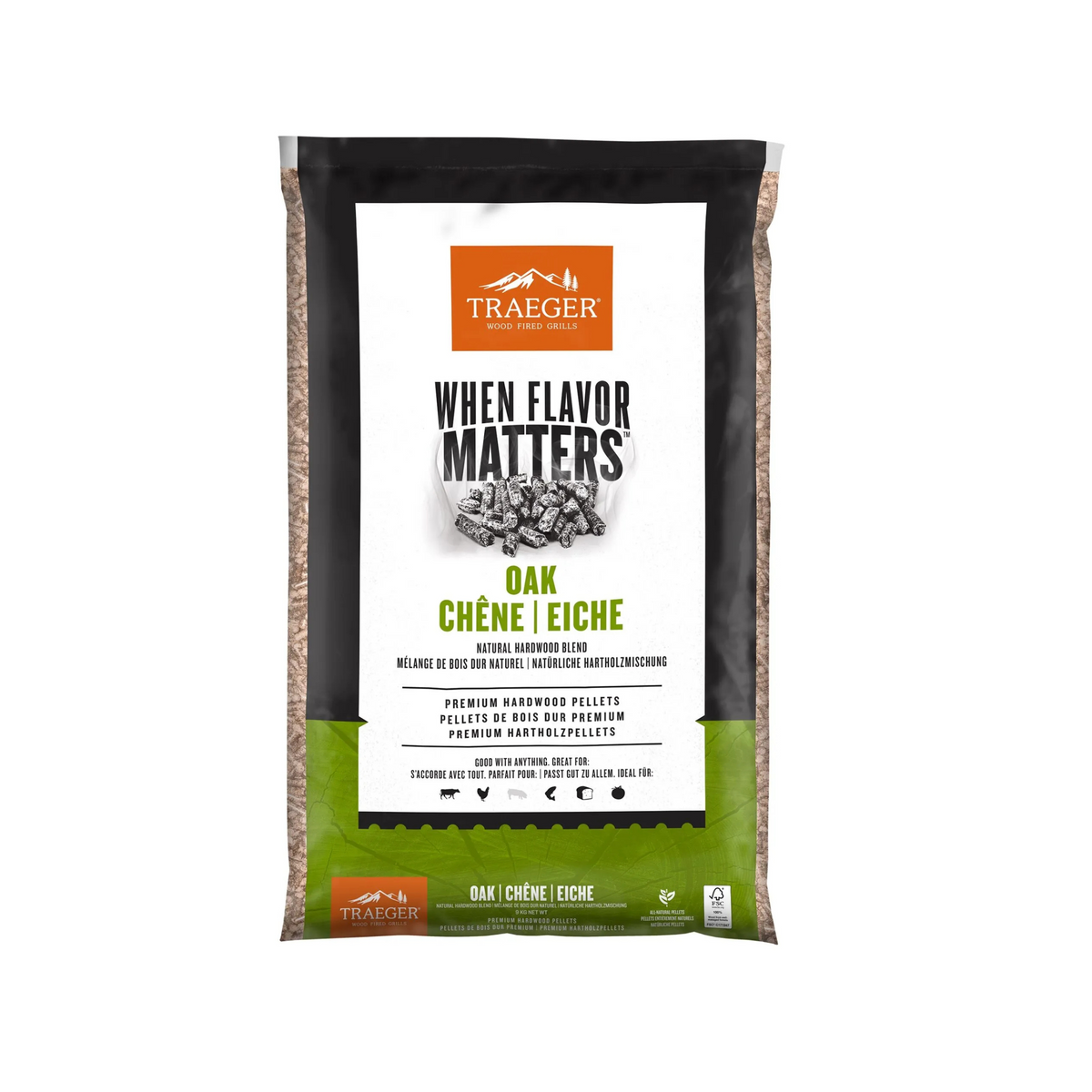 Kuvassa on 9kg:n säkki Traeger tammipellettiä.