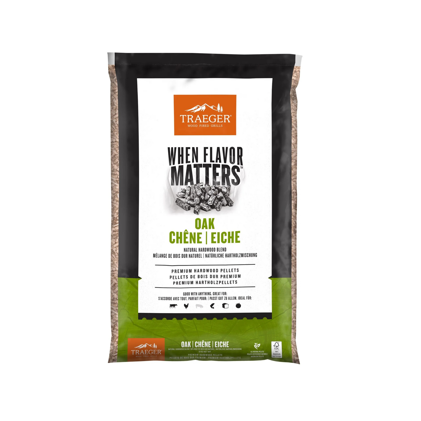 Kuvassa on 9kg:n säkki Traeger tammipellettiä.