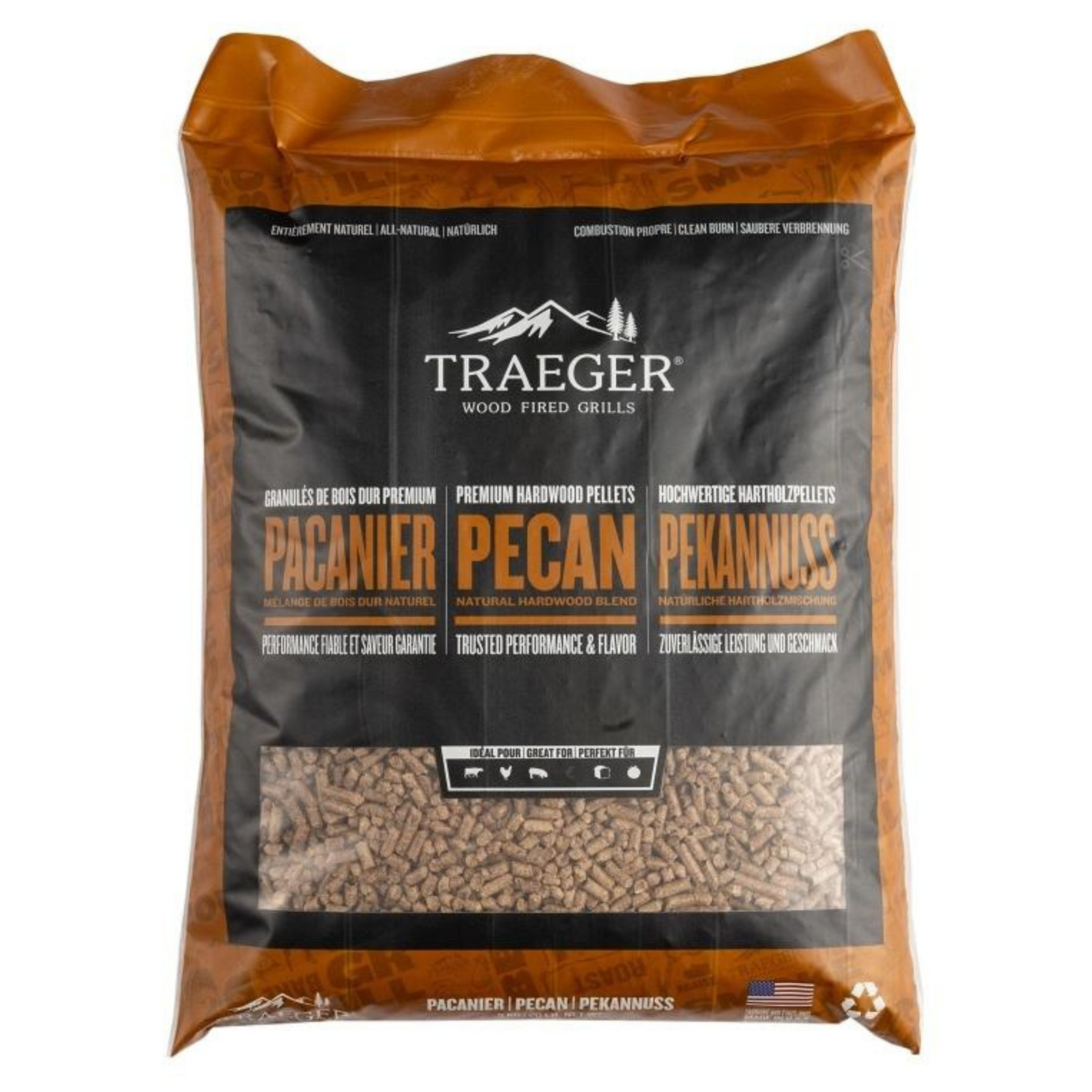 Kuvassa on 9kg:n säkki Traegerin FSC Pecan pellettiä joka sopii erityisen hyvin naudan, kanan, possun, lampaan ja kasvisten grillaukseen ja savustukseen.