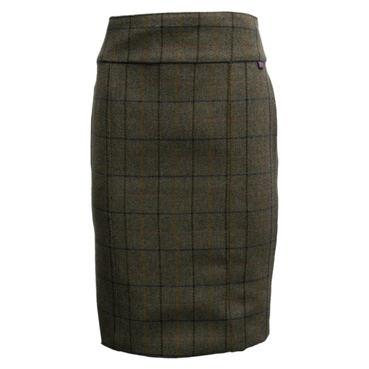 Hameessa on vihreä pohjaväri jossa näkyy tummansinisiä ja keltaisia ruutuja.