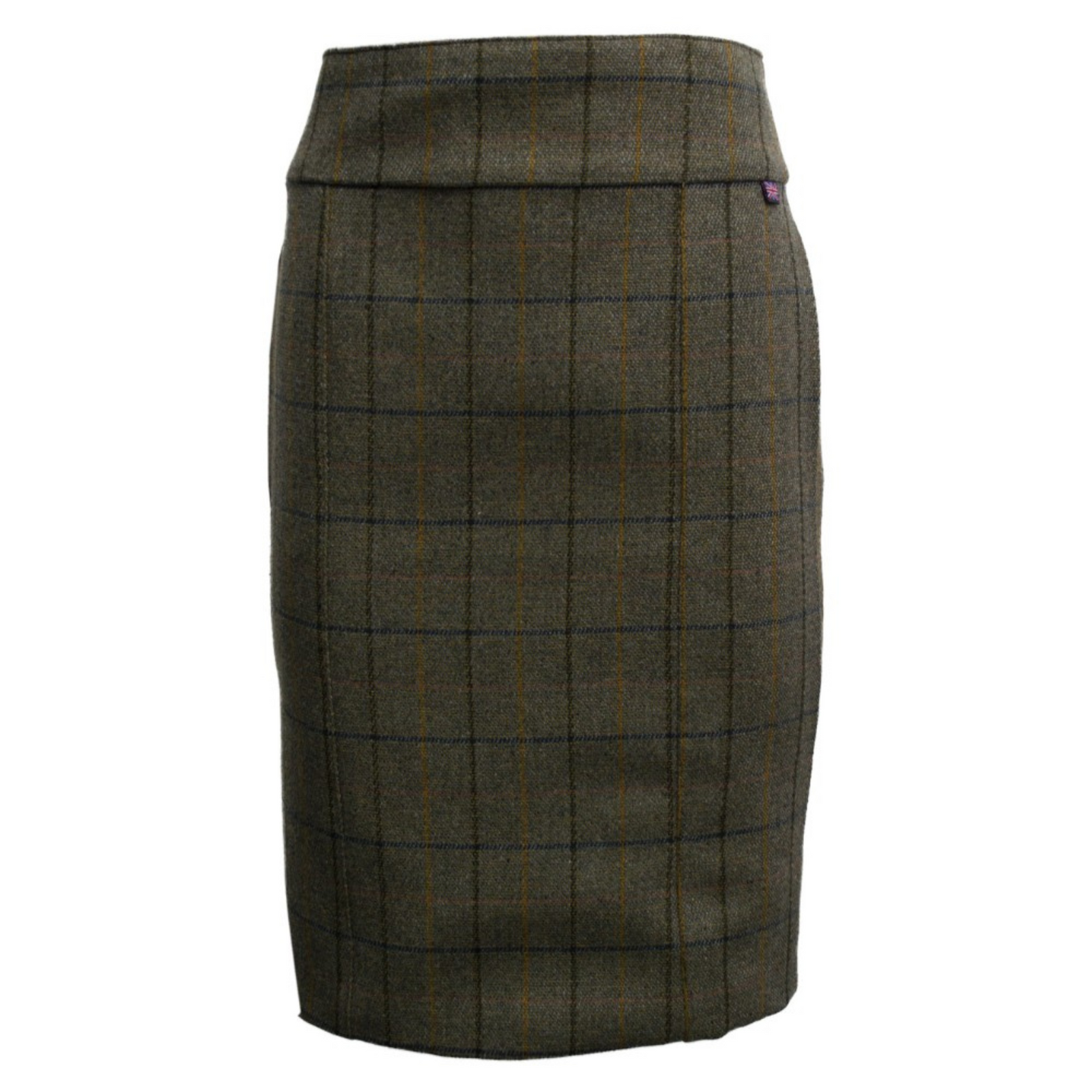 Hameessa on vihreä pohjaväri jossa näkyy tummansinisiä ja keltaisia ruutuja.