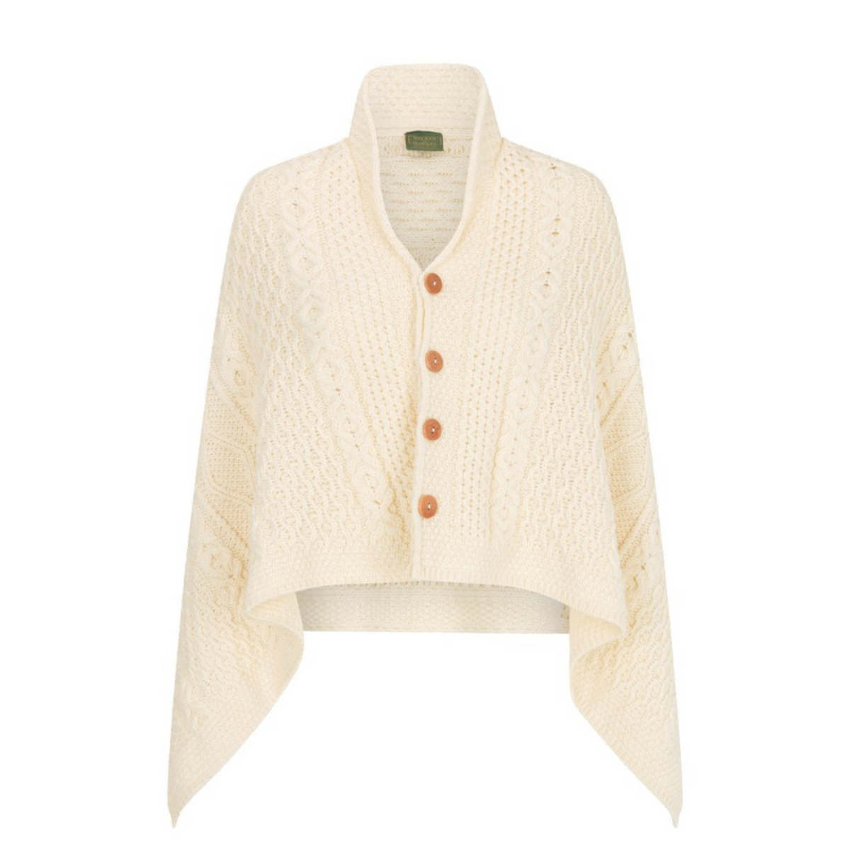 Poncho toimii viittana, hartiahuivina ja shaalina ja siinä on edessä neljä ruskeaa nappia.