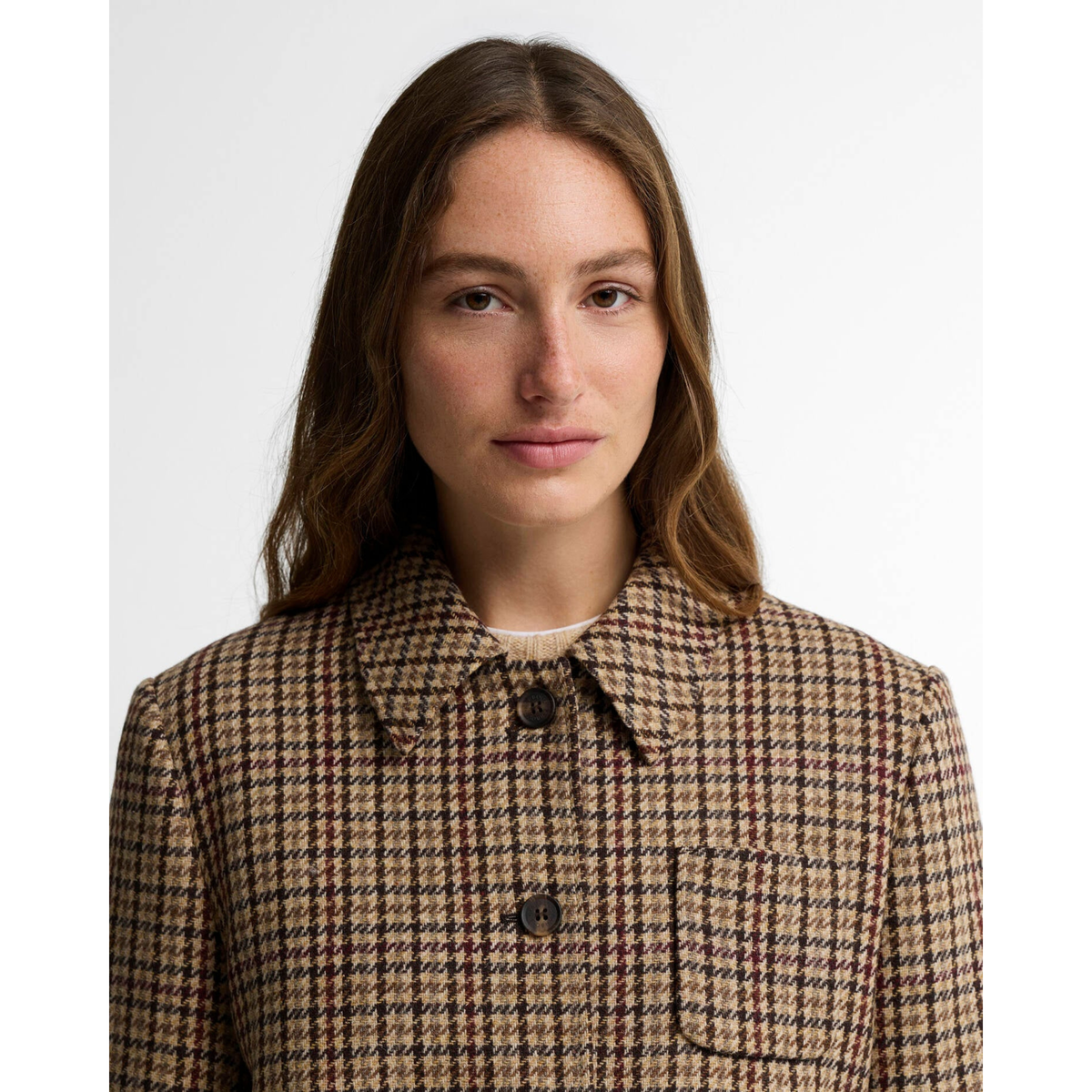 Barbour Austen naisten villakangasjakku, ruskea, kaulusta kuvattuna.