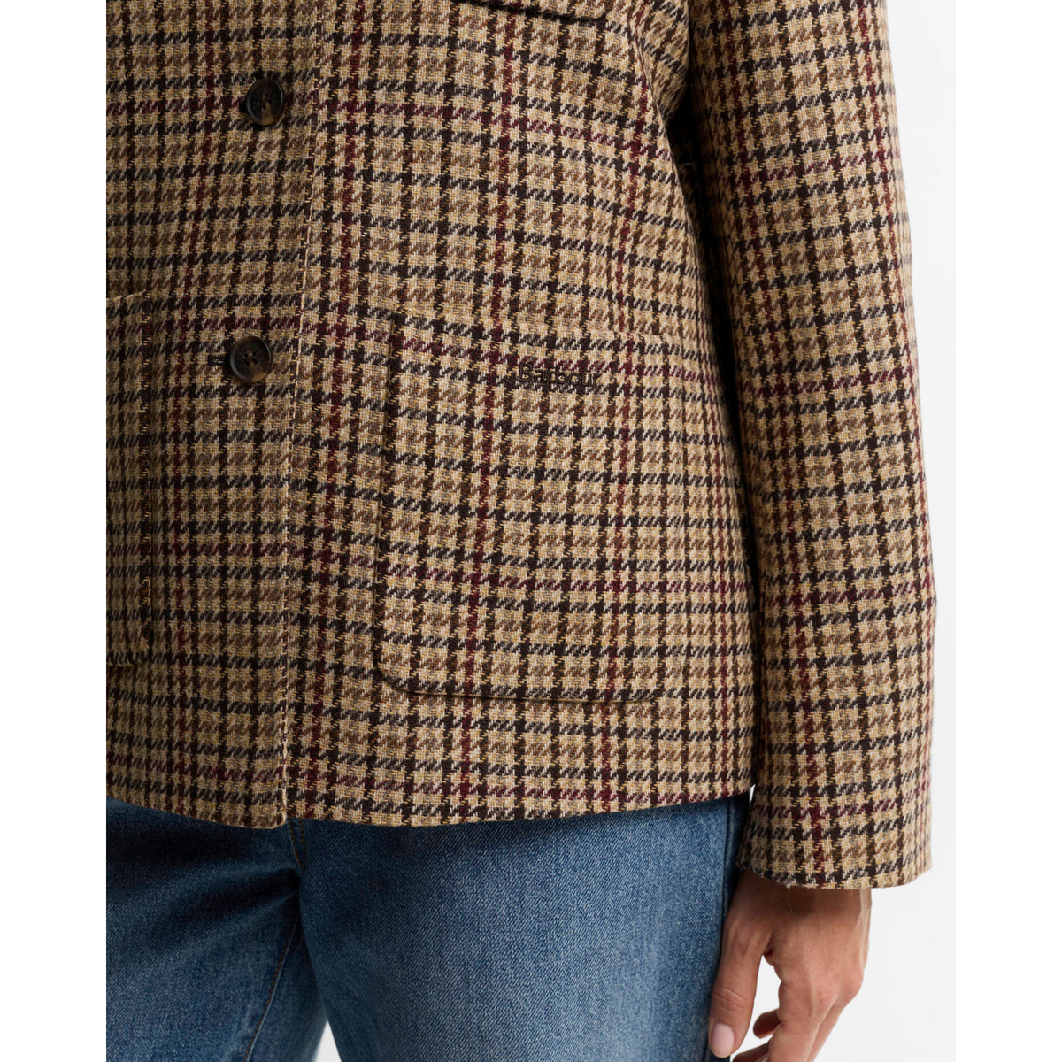 Barbour Austen naisten villakangasjakku, ruskea, taskua kuvattuna.