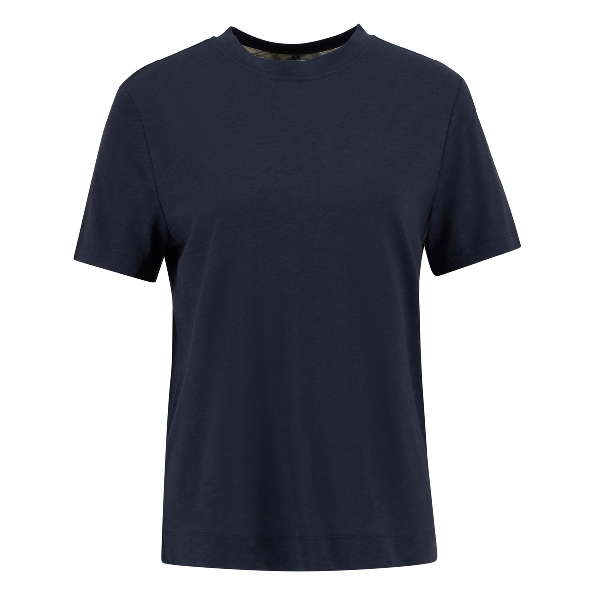 Tummansininen Barbour Ava Top naisten t-paita, jossa on kauluksen sisäpuolella tartankuvioinen koristenauha.