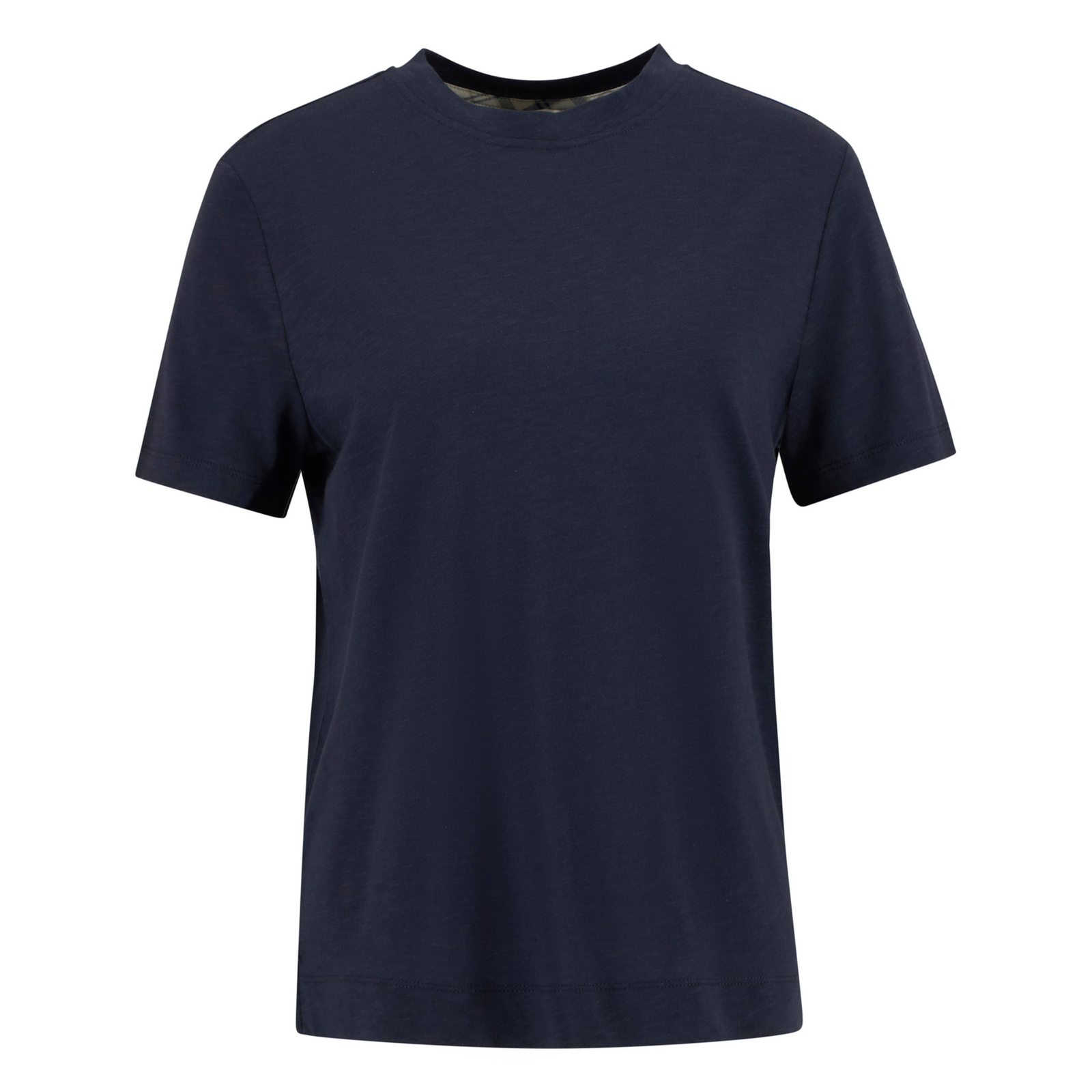 Tummansininen Barbour Ava Top naisten t-paita, jossa on kauluksen sisäpuolella tartankuvioinen koristenauha.