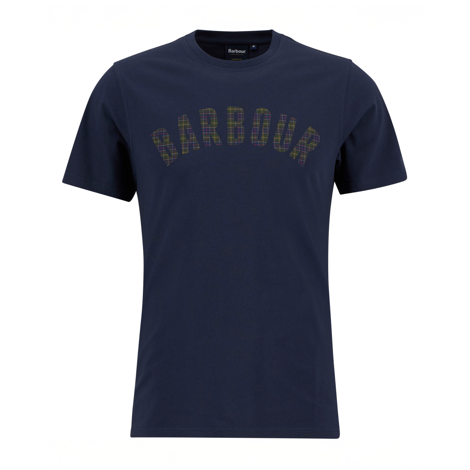 Kuvassa on tummansininen Barbour Berwick t-paita jossa on ruutukankaasta ommeltu logoteksti rinnassa.