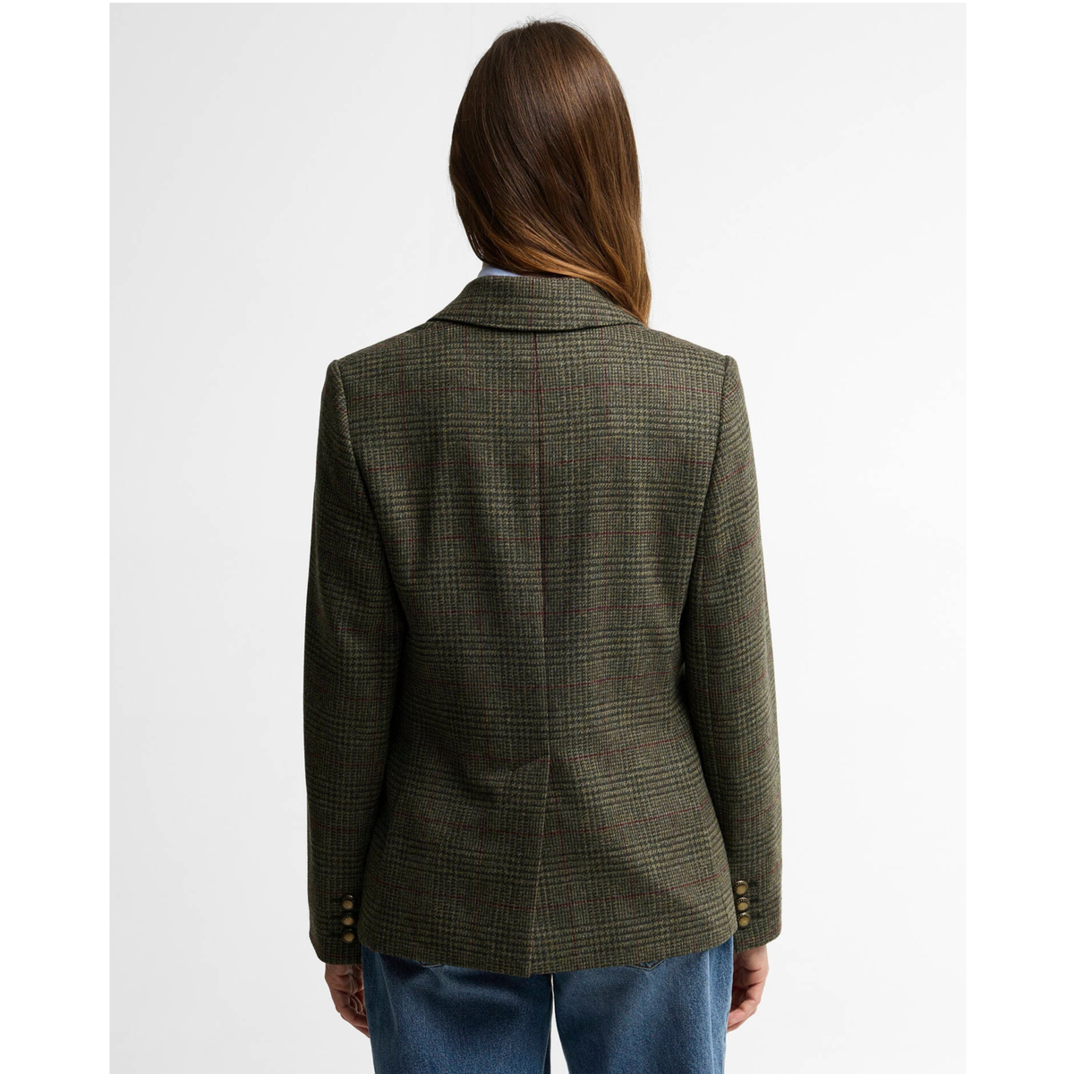 Barbour Browning Jacket naisten tweedbleiseri. Kuvattuna selästä päin mallin päältä.
