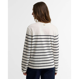 Barbour Harling Top naisten puuvillapaita, valkoinen/siniset raidat. selästä päin kuvattuna.