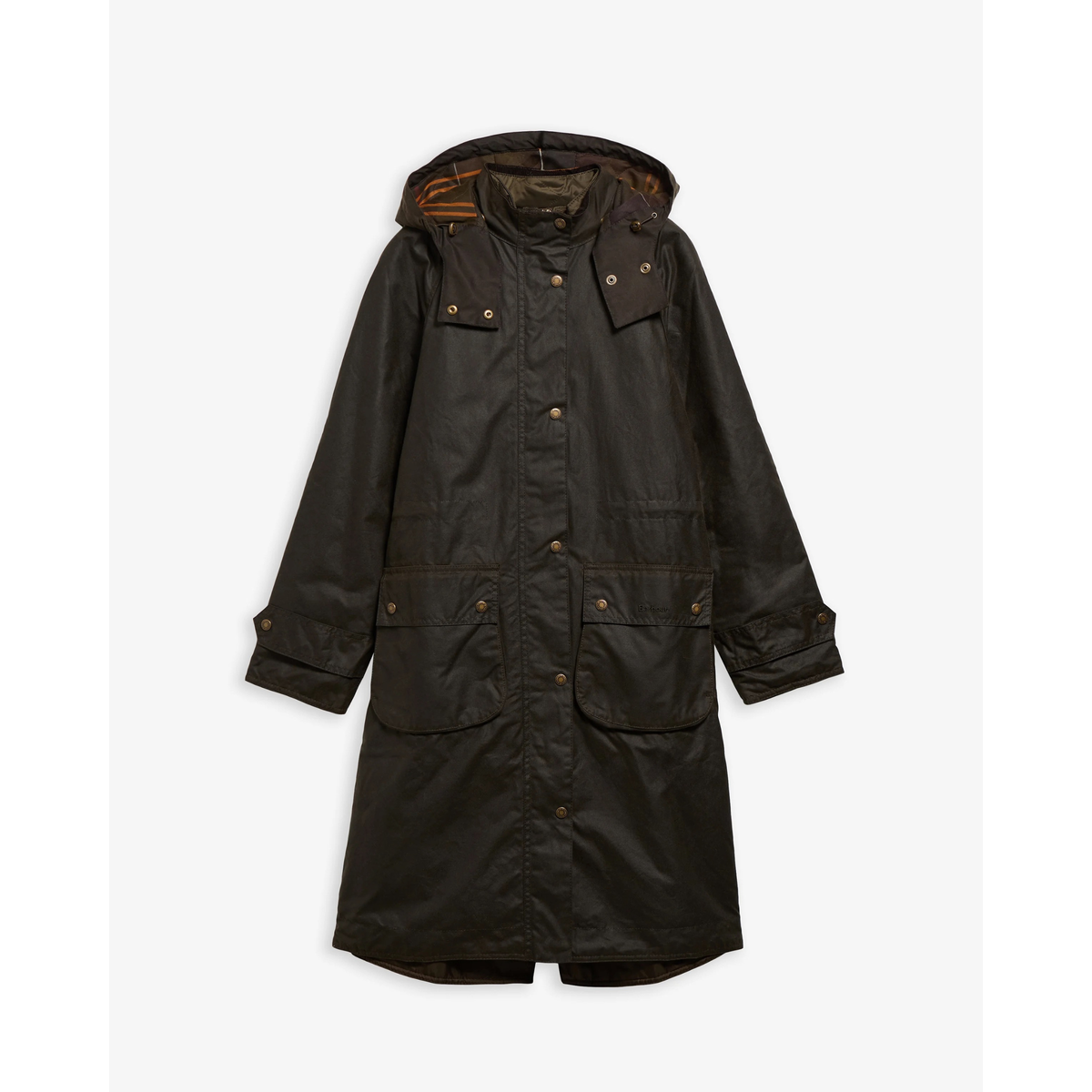 Barbour Long Cannich öljykangastakki, oliivi, edestä kuvattuna.