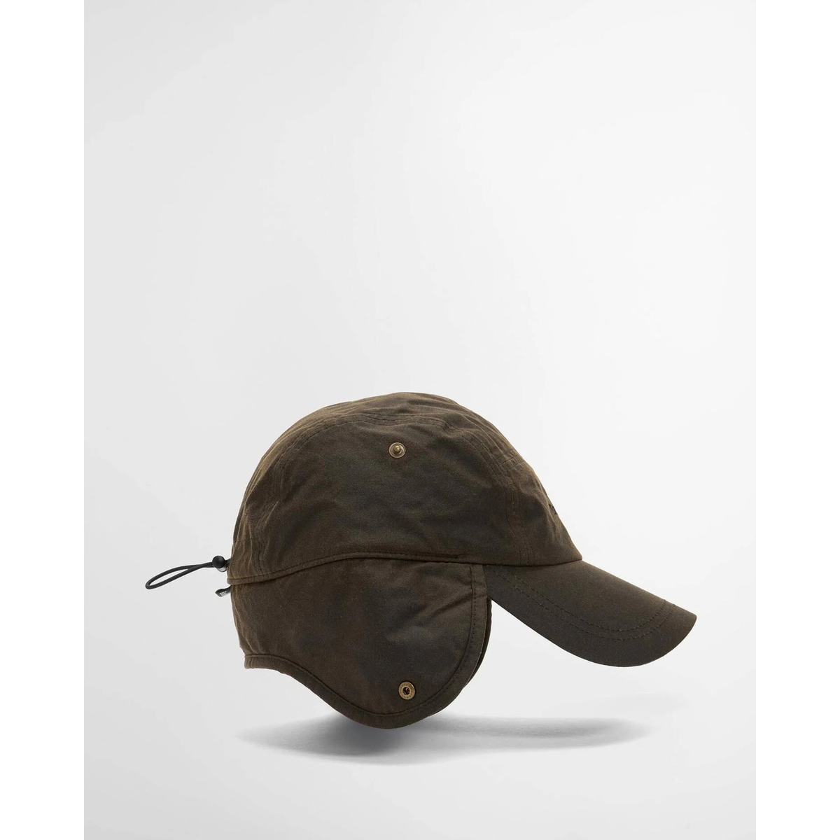 Barbour Lonnen Carpenter Cap, oliivinvihreä, avattuna.