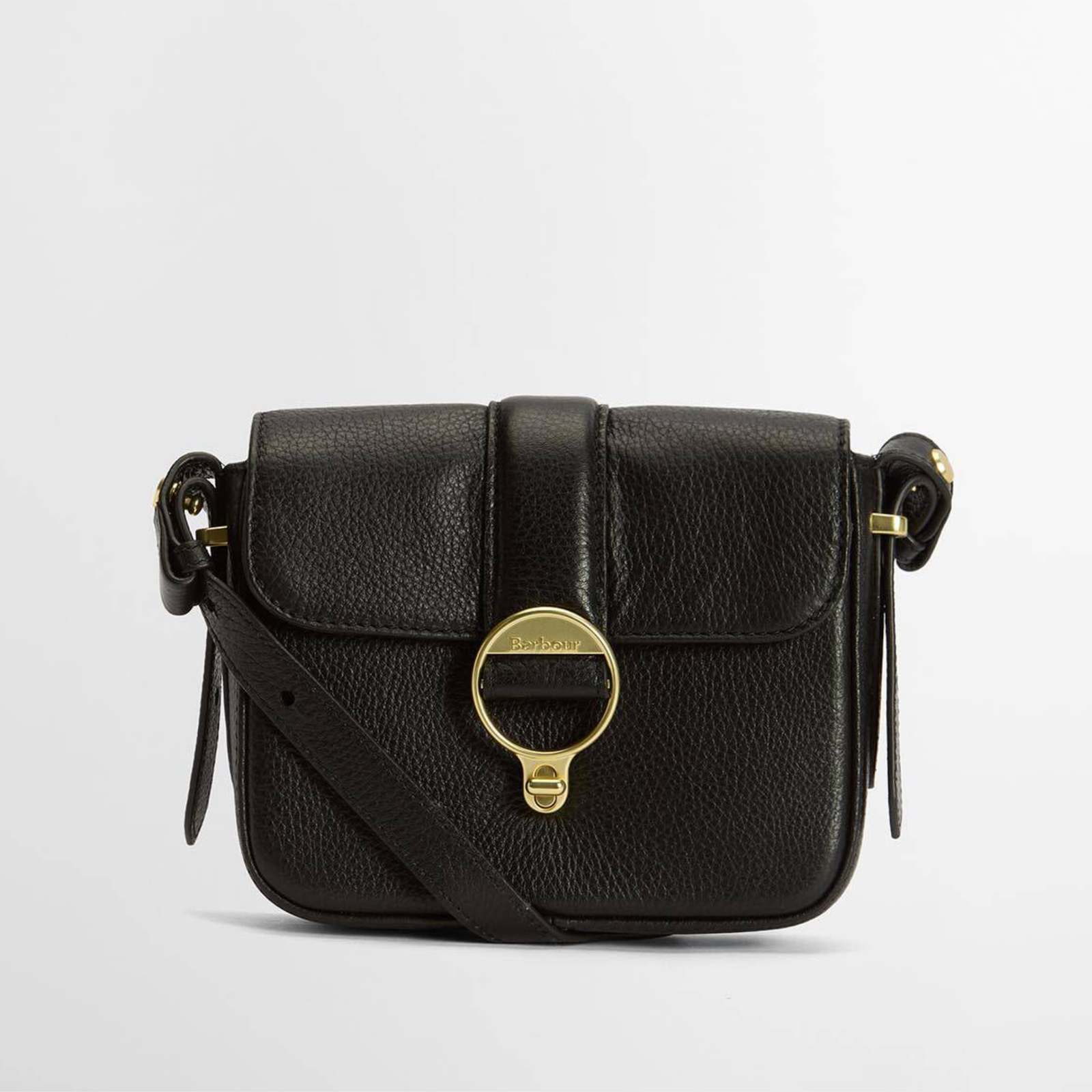 Lähikuva mustasta Barbour Mini Rosa nahkaisesta olkalaukusta.